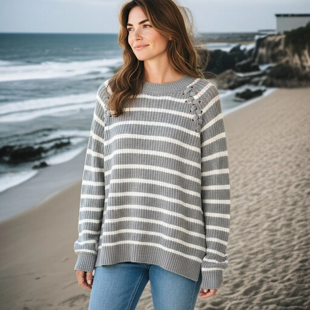 SO Fisherman Sweater M Striped Chunky Lace Up Shoulder Cozy Gray‎ White Relaxed